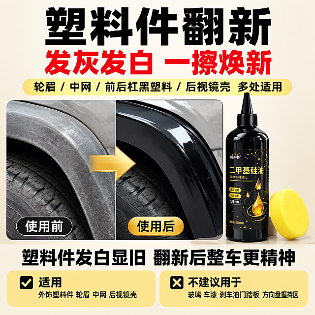 [主图-2] 塑料件翻新效果详情图，核心任务是展示产品对汽车塑料件发白老化的翻新效果，证明多部位适用。
[统一基调] 抖音电商商业摄影风格，干净浅米白背景，黑金配色点缀金色，写实高清，光影柔和，产品锐利清晰，字体为粗黑无衬线体。
[画面] 画面右侧摆放500ml黑色尖嘴瓶二甲基硅油养护液，瓶身黑金标签与参考图一致，旁边放一块黄色圆形海绵擦；画面中间是汽车轮眉塑料件对半对比图，左侧塑料件老化发灰发白、表面哑光无光泽，右侧塑料件乌黑光亮、有湿润光泽感，中间一个金色箭头符号从左指向右，箭头粗大醒目。对比图左下角贴黑色底白字标签"使用前"，右下角贴金色底黑字标签"使用后"。产品位于画面右三分之一处，对比图居中偏左，占画面主体。
[光影质感] 柔和商业棚拍光，主光从正面偏上打下，塑料件纹理真实细腻，黑色瓶身有柔和高光，浅米白背景干净均匀，阴影自然不生硬。
[配色] 背景浅米白色，产品黑色+金色，对比箭头金色，标题黑色，副标题红色，提示框浅黄色。
[文字版式] 顶部超大黑色粗字体标题"塑料件翻新"；红色大字副标题"发灰发白 一擦焕新"；标题下方浅黄底色黑字小字栏"轮眉 / 中网 / 前后杠黑塑料 / 后视镜壳 多处适用"；图片底部黑色大字文案"塑料件发白显旧 翻新后整车更精神"；下方两个并排浅黄色提示框，左边打勾框黑字"适用 外饰塑料件 轮眉 中网 后视镜壳"，右边打叉框黑字"不建议用于 玻璃 车漆 刹车油门踏板 方向盘握持区"。文字排版工整，层级分明。
[输出要求] 1:1正方形比例，2048*2048，8K高清写实，电商广告质感，文字清晰无错字，无水印无平台Logo，禁止变形、模糊、产品悬浮。