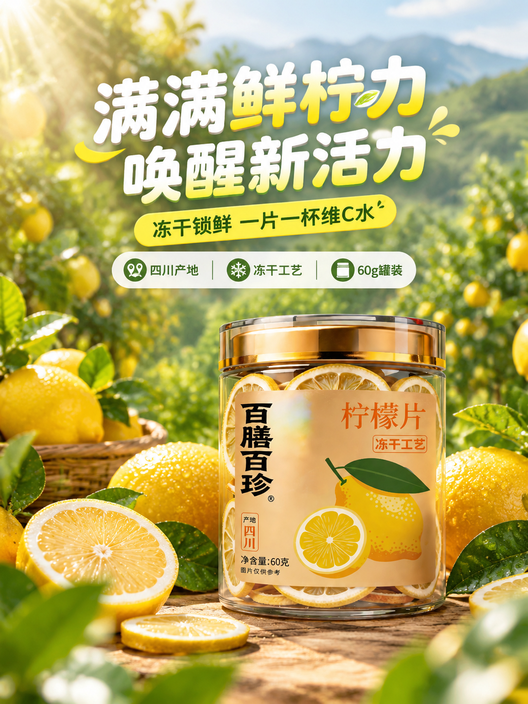 [商品] 使用【图1】百膳百珍冻干柠檬片罐装产品；保留罐身金色… - 图片创意预览