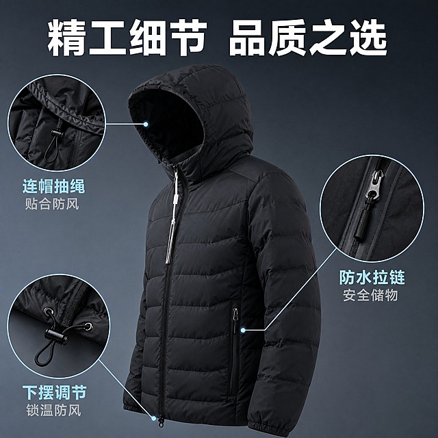 [主图-4] 细节特写展示图，展示羽绒服的做工细节与结构设计。
[统一基调] 高级户外编辑风，背景主色为雾蓝冷灰色调，标题字色为白色，辅助字色为浅灰色，强调色为冰蓝色，字体为现代无衬线粗体，字号层级分明，卡片样式为圆角半透明机能风信息卡，整体专业品质感。
[画面] 主体为黑色轻薄连帽羽绒服的半侧身特写，位于画面中央偏左，占画面50%，展示衣服的侧面结构。背景为纯净的深灰色渐变背景。画面中有3个圆形放大细节框，通过细引线连接到对应部位：1. 左上放大框展示连帽内侧的包边做工与抽绳结构；2. 右侧放大框展示拉链口袋的YKK拉链细节与防水压胶；3. 下方放大框展示下摆抽绳与调节扣细节。产品外观与输入图一致：黑色、横向绗缝、中央拉链、两侧拉链口袋、下摆抽绳。画面顶部有大标题。
[光影质感] 商业棚拍质感，柔和均匀布光，清晰展示衣服的每一处细节做工，面料纹理清晰，拉链金属质感真实，缝线工整。
[配色] 背景深灰渐变，产品黑色，引线和标注文字冰蓝色，细节框内保持产品原色，整体高级质感。
[文字版式] 顶部大标题"精工细节 品质之选"，3个细节框旁分别配说明文字"连帽抽绳 贴合防风""防水拉链 安全储物""下摆调节 锁温防风"，文字横排，无衬线字体，标题大，说明文字小。
[输出要求] 比例1:1，文字清晰可读，产品细节清晰，无变形，无错字，无水印，无平台Logo，无多余杂物。