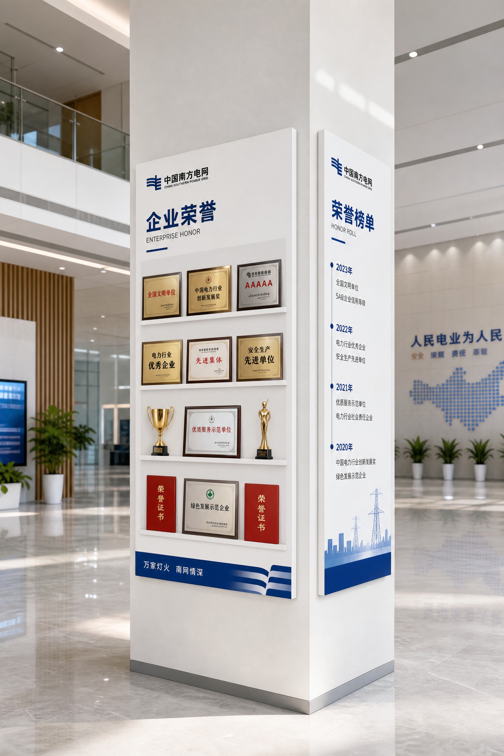 生成一张白色方形柱子上南方电网企业荣誉展示效果图，画面比例为4… - 图片创意预览
