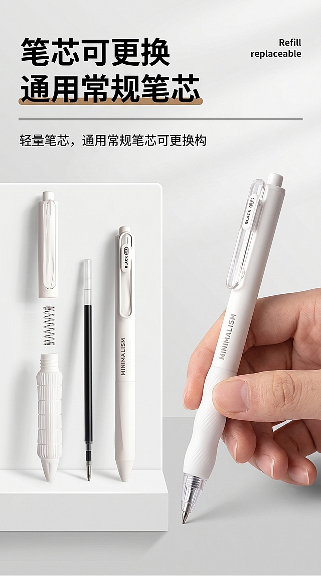 [详情页] 咔巴熊白色按动中性笔可换笔芯展示详情页，9:16尺寸。[风格] ins极简高级风，干净通透商业产品摄影，突出产品实用卖点。[画质] 超高清，细节清晰，光线柔和均匀，无噪点无瑕疵。[元素] 拆解式左右构图：左侧白色平台上，拆分后的笔杆部件、完整笔杆和黑色通用0.5mm笔芯并排摆放，直观展示可更换结构；右侧是一只手自然握持完整笔身，特写展示笔身，品牌标识清晰，透明笔夹细节自然。保持咔巴熊中性笔外观颜色、结构、品牌标识和原图完全一致，突出可换笔芯结构。背景浅白到浅灰渐变，干净清爽，无多余杂物，主体突出。[光影] 整体均匀柔和布光，笔身哑光白质感细腻，透明笔夹自然光泽，笔芯金属笔尖细节清晰，光影过渡自然柔和。[配色] 主色调白色浅灰色，搭配黑色笔芯，棕色文字点缀，整体清爽专业高级，和之前设计风格统一。[构图] 9:16垂直比例，拆解式左右分栏构图，标题在顶部，左右产品展示，层次分明，突出笔芯可更换核心卖点。[文字版式] 顶部主标题黑色粗体"笔芯可更换"，"通用常规笔芯"使用棕色突出显示，右上角小字黑色"Refill replaceable"，排版简洁规整，文字不遮挡产品主体。[比例分辨率] 9:16比例，2k分辨率，文字清晰锐利，超高清。[负向提示词] 变形，水印，文字错乱，产品模糊，背景杂乱，色差，结构错误