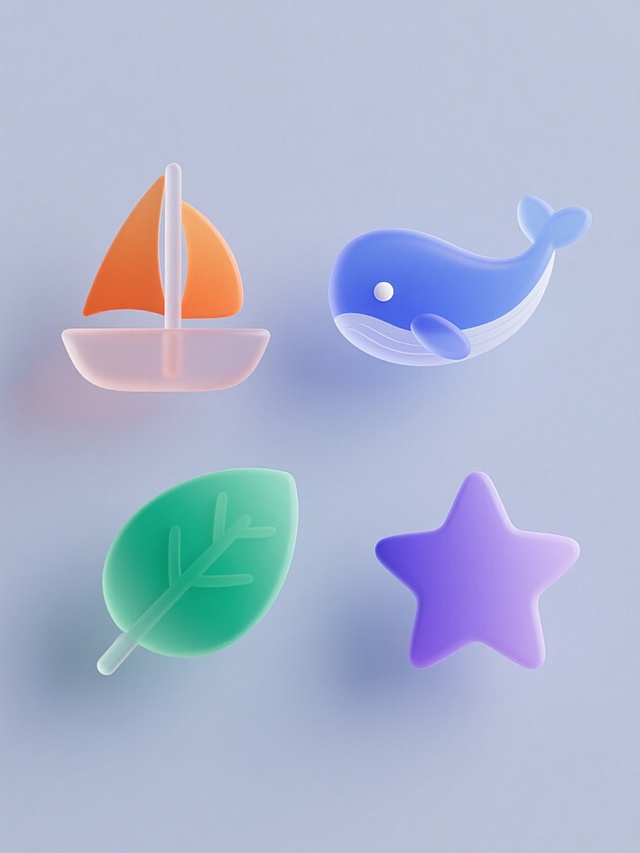 一组四个不同元素的现代简约风格3D图标，保持透明渐变材质和线条感设计，元素分别为橙色帆船、蓝色鲸鱼、绿色树叶、紫色星星，每个元素独立置于纯色背景上，整体呈2x2网格规整排布，统一的光影效果和简约美学风格。