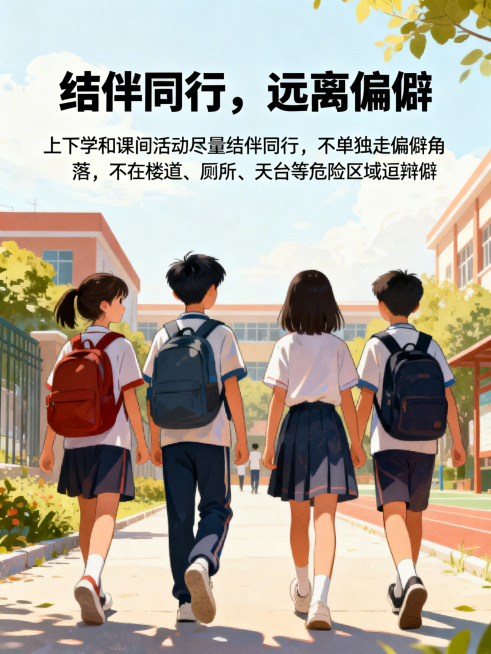 校园防欺凌宣传海报，明亮温暖风格，顶端标题为“结伴同行，远离偏僻”，下方配文“上下学和课间活动尽量结伴同行，不单独走偏僻角落，不在楼道、厕所、天台等危险区域逗留”，文字字体统一为清晰易读的黑体，大小协预览效果