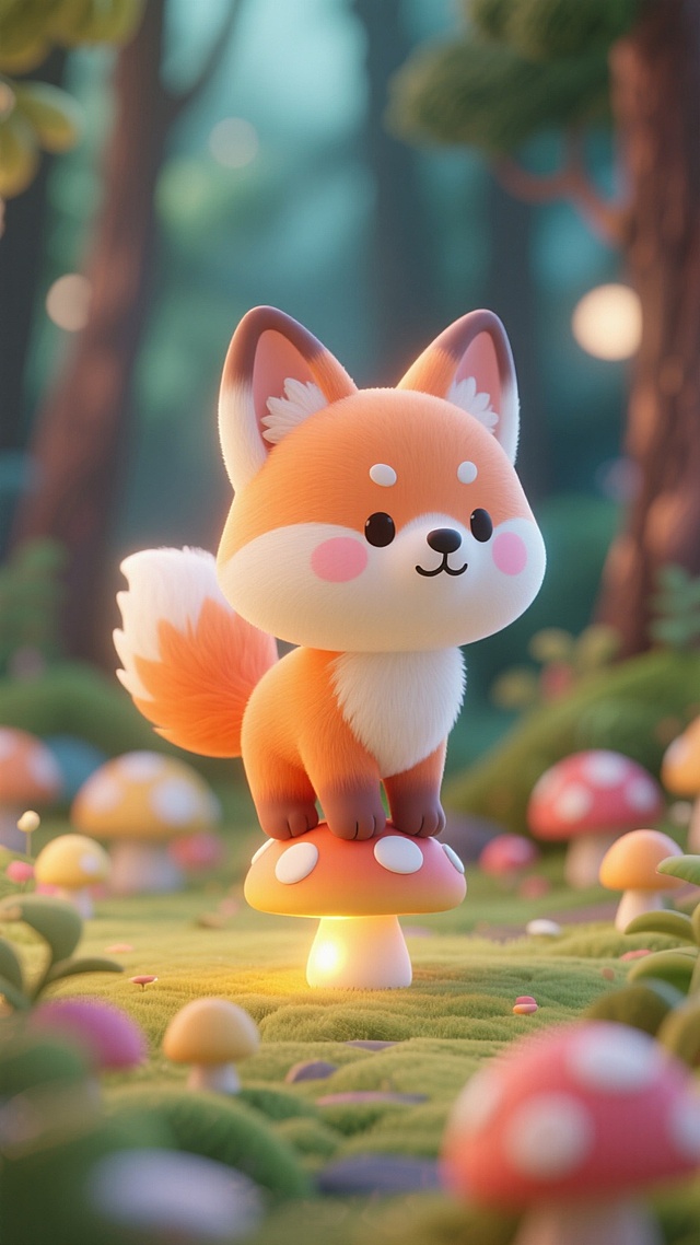梦幻3D卡通风格，拟人小狐站蘑菇上，超现实森林背景，温馨童话氛围。