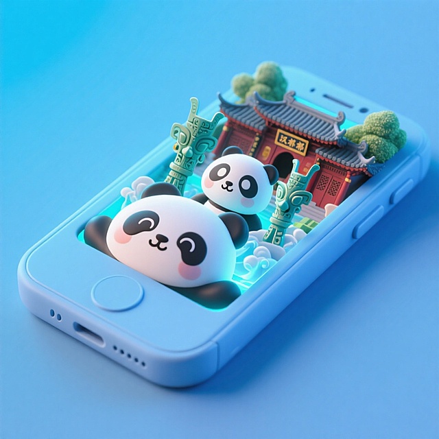 一个手机创意微缩场景，手机平放，侧面对着观众，手机俯视角度，立体的成都景观从屏幕内出来，有熊猫，三星堆，武侯祠，整体色调立体魔幻。青色背景。具有梦幻感,打光营造出柔和氛围强调梦幻和未来感的美学。