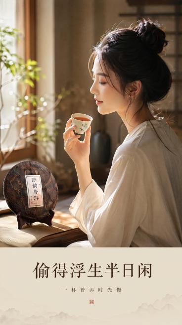 [第6屏] 本屏为模特品茗展示，呈现闲适品饮的生活方式。[氛围/风格] 慵懒闲适，东方美学，生活氛围感，商业摄影质感。[元素布局] 亚洲女性模特肩部以上侧脸入镜，手持品茗杯，茶杯中盛放普洱熟茶，茶饼放预览效果