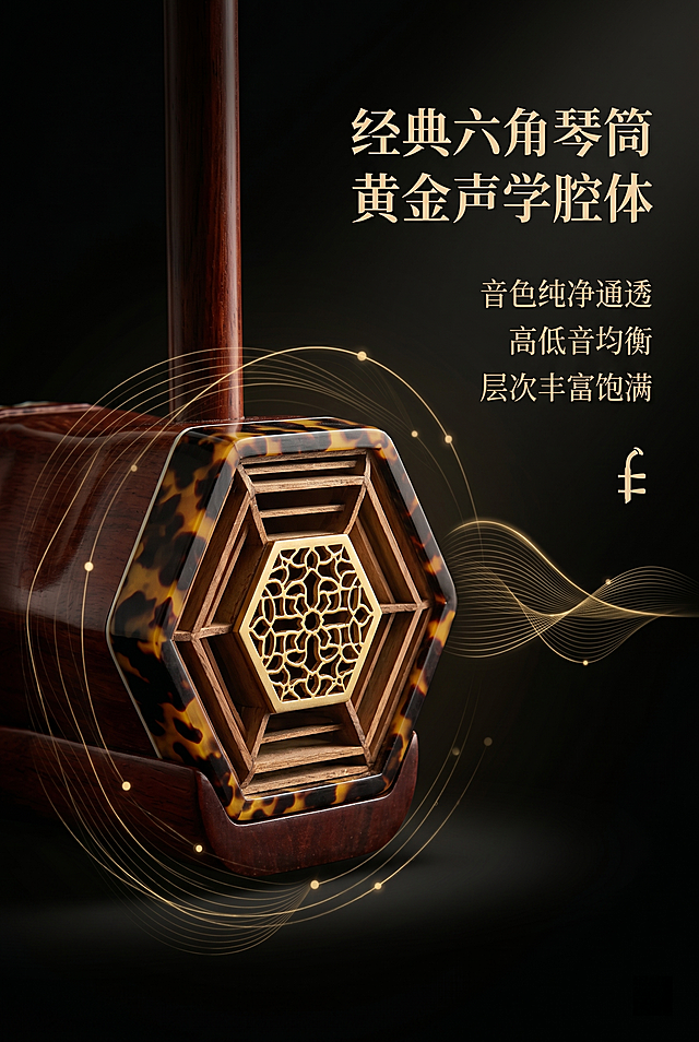 严格还原上传图片中的二胡产品，包括包装设计、颜色、LOGO位置、文字内容、图案元素等所有细节，去掉无关背景杂物。制作2:3竖版电商详情工艺卖点页，内容为二胡六角琴筒、黄金窗音窗位置近距离特写拍摄，精准还原经典六角声学腔体结构，使用暗调纯黑高级光影背景，定点光影聚焦琴筒细节，搭配柔和金色声波律动特效点缀，可视化展现声学共振效果。排版为：文字全部右侧对齐排布，左侧放置产品细节特写，主标题"经典六角琴筒 黄金声学腔体"右对齐大标题，副标题"音色纯净通透 高低音均衡 层次丰富饱满"在主标题下方右对齐。整体为高级国风禅意氛围感，设计精致高级。