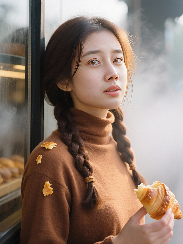 东亚风少女倚窗轻享羊角面包，柔和光影晕染温暖氛围，轻拟物细节与油画质感交织，呈现清新文艺的秋日温馨场景。