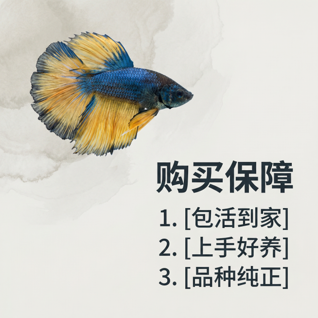 [主图 9] 斗鱼饲养服务承诺
[氛围风格] 清晰可信，简约正式
[画面元素] 商业摄影质感、光线均匀通透、画面干净清晰。斗鱼主体展示在画面左上区域，右下区域分点列出服务承诺，背景干净水墨浅色，整体布预览效果