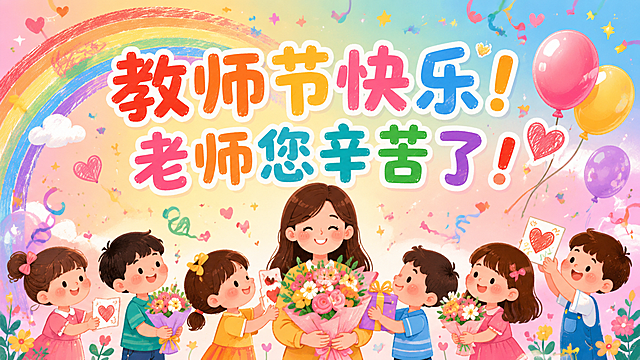 幼儿园教师节PPT结尾页，卡通手绘风格，大大的祝福语'教师节快乐！'和'老师您辛苦了！'，周围有很多小朋友们手捧鲜花和礼物送给老师，有彩虹、气球、彩带、爱心、小星星等庆祝元素，背景是五彩缤纷的渐变色，充满欢乐和感恩的氛围，画面热闹但不杂乱，适合幼儿园风格，整体温馨感人