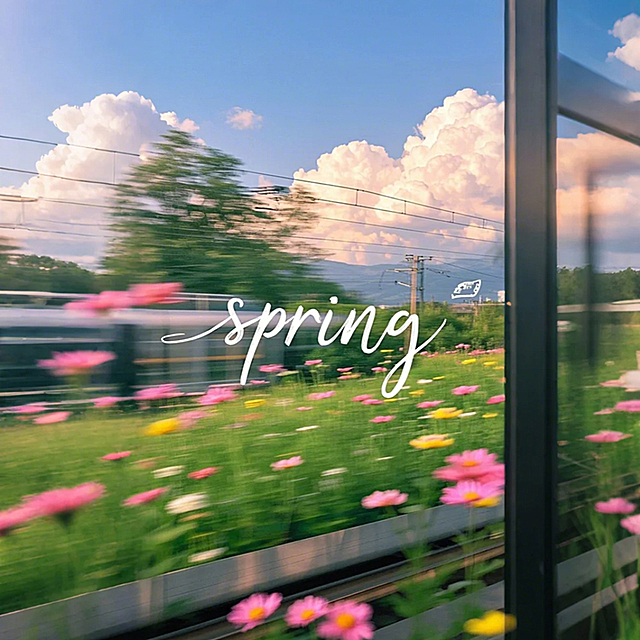 高铁窗外，绿色花朵，粉色的云，手写的字体“spring”