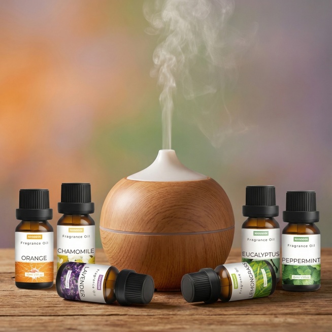 请你帮我根据图1-图6的精油瓶，有两瓶精油瓶是倒下的生成图片，图片的背景是渐变的，6瓶精油瓶的中间有一台正在运作的香薰机，图片要求尺寸是1:1的，要求精油瓶瓶身的标签纸不要有任何改动预览效果