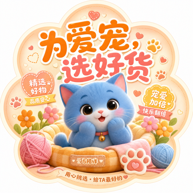 宠物宣传主题异形贴纸，画面中心放置卡通蓝猫，边缘异形抠图贴合花朵轮廓，圆润活泼大字主标题"为爱宠，选好货"，暖色调配色，边角点缀毛线球、爪印、爱心等宠物相关小图标装饰，治愈温馨风格预览效果