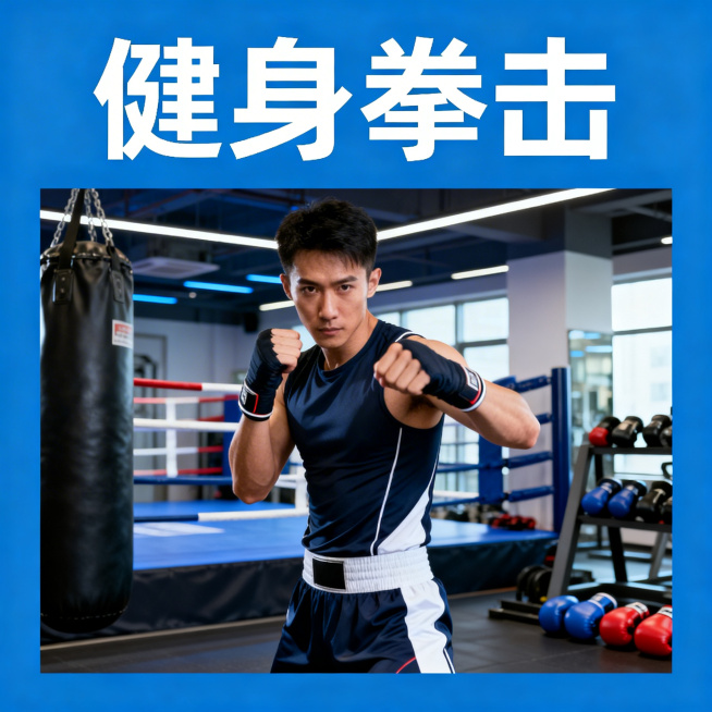 美团健身团购主图，方形1:1，画面突出"健身拳击"主题，有健身教练人物模特，专业健身房场景，现代简约风格，主标题文字"健身拳击"清晰醒目，商业宣传用途预览效果