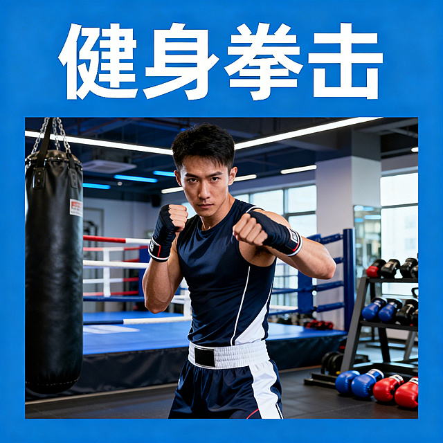 美团健身团购主图，方形1:1，画面突出"健身拳击"主题，有健身教练人物模特，专业健身房场景，现代简约风格，主标题文字"健身拳击"清晰醒目，商业宣传用途