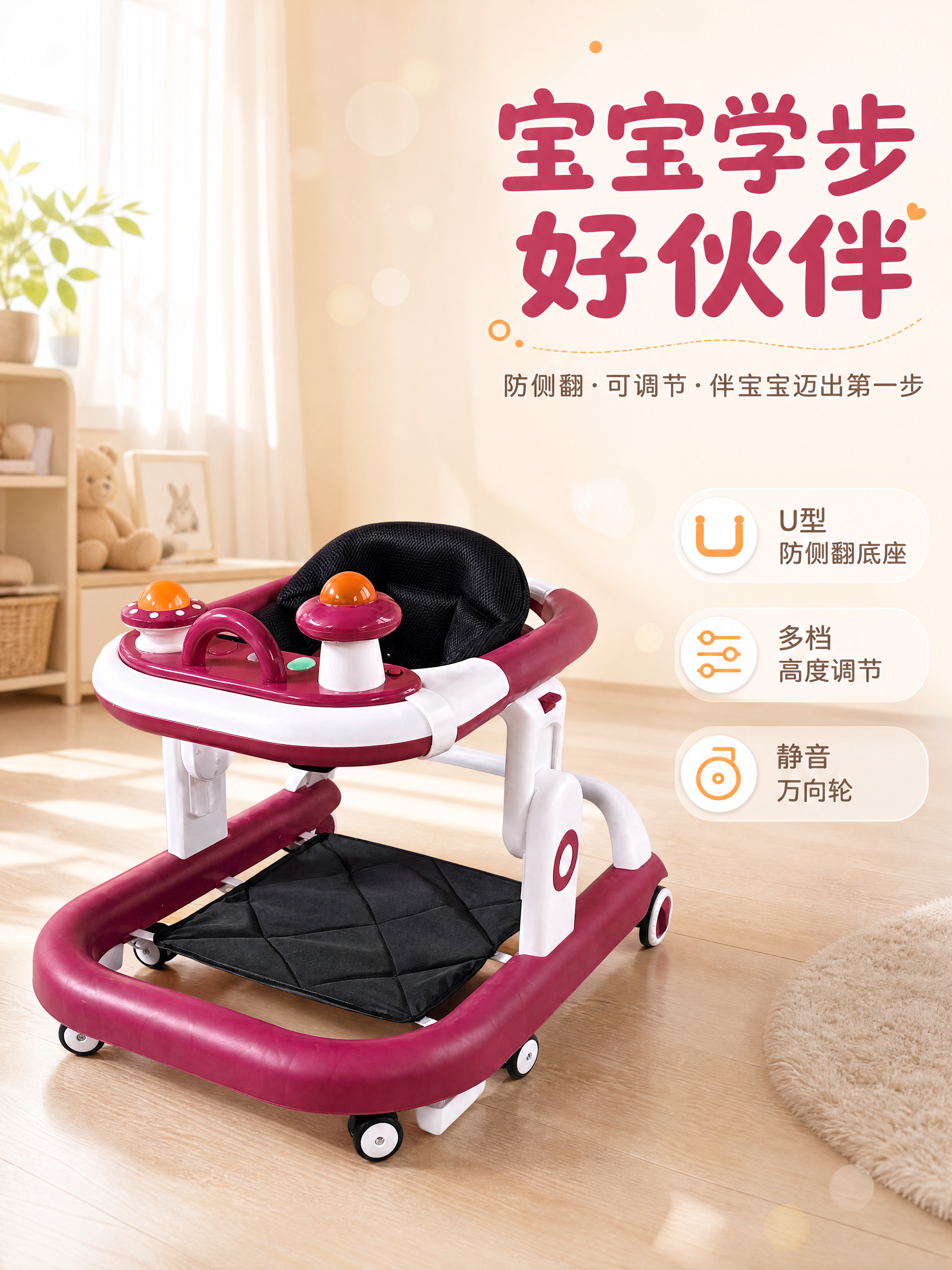 [商品] 使用【图1】玫红色多功能婴儿学步车；保留U型底座、网… - 图片创意预览