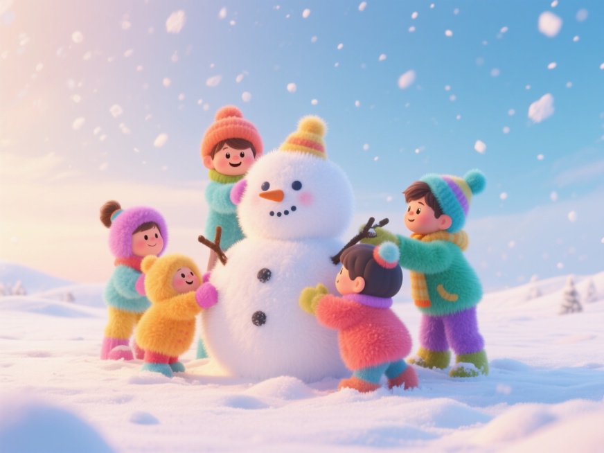 大雪覆盖的广阔大地，几个毛绒材质的小孩子正在堆一个同样是毛绒材质的雪人，天空飘着雪花，整体呈现温暖可爱的氛围，细节丰富，质感柔软预览效果
