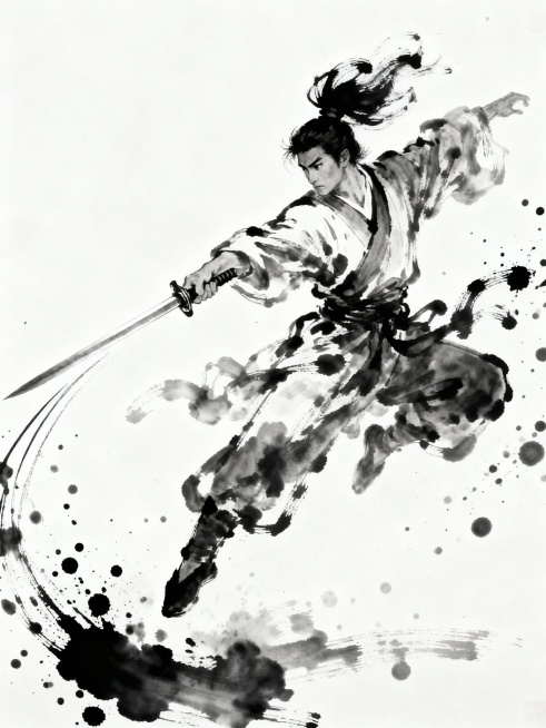 中国水墨画风格，一位身着传统服饰的武者腾空跃起，身姿矫健，正全力挥出长剑，剑刃划破空气带出细长墨线。人物黑发飞扬，衣袍褶皱以浓淡不一的墨色渲染，笔触豪放洒脱，充满动感。画面中点缀着大量飞溅的墨点与墨痕，增强了挥剑动作的力量感与速度感。背景为纯净的白色，突出主体人物的墨色造型，整体构图简洁有力，意境空灵，展现出东方武术的飘逸与刚劲之美，具有极强的视觉冲击力和艺术表现力。预览效果