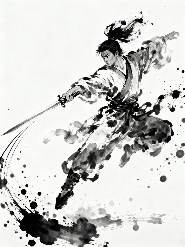 中国水墨画风格，一位身着传统服饰的武者腾空跃起，身姿矫健，正全力挥出长剑，剑刃划破空气带出细长墨线。人物黑发飞扬，衣袍褶皱以浓淡不一的墨色渲染，笔触豪放洒脱，充满动感。画面中点缀着大量飞溅的墨点与墨痕，增强了挥剑动作的力量感与速度感。背景为纯净的白色，突出主体人物的墨色造型，整体构图简洁有力，意境空灵，展现出东方武术的飘逸与刚劲之美，具有极强的视觉冲击力和艺术表现力。