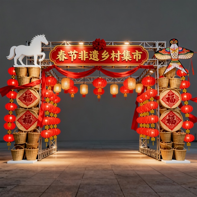 文字改为春节非遗集市，马雕塑换成雪弗板，两侧挂满成串的红灯笼预览效果