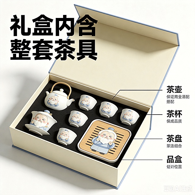 [主图-2] 茶具礼盒核心细节展示图。[氛围风格] 简约真实，突出产品细节；[画质] 商业摄影质感，高清清晰，画面干净通透。[元素] 礼盒打开状态，展示内部茶具组合搭配，茶具上印有老头IP不同局部元素，整合上传四张图中老头的经典造型作为茶具装饰图案，保持每个图案清晰可爱，背景纯白色，商品主体占比约70%。保持茶具和礼盒材质结构与设计一致，杜绝变形色差，精细化处理每个印花细节。[光影] 顶侧柔光，均匀布光，细节清晰，无硬阴影。[配色] 纯白色背景，浅蓝IP色彩点缀，干净清新。[视角构图] 45度斜侧视角，打开的礼盒呈现茶具全貌，主体突出。[文字版式] 左侧竖排大字“礼盒内含 整套茶具”，黑色粗体；右侧用细引线标注每个茶具位置，引线末端配短句说明：「茶壶」「茶杯」「茶盘」「礼盒」，文字小而清晰，深色字对比分明。[比例分辨率] 1:1比例，2048x2048px，4k分辨率；文字清晰，超高清。[负向提示词] 变形，水印，文字错乱，产品模糊，背景杂乱，印花模糊。