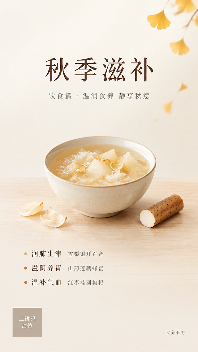 简约风格秋季滋补饮食海报，竖版9:16，排版精美不杂乱，大量留白。画面主视觉为极简构图：一只温润的陶瓷汤碗置于浅木色台面上，碗中盛有银耳雪梨羹，旁边散落2-3片干百合与一小截山药，背景为纯净的米白色渐变，仅右上角有几片淡金色银杏叶轻轻飘落，整体极度简洁干净。

画面文字布局（所有文字清晰可读，排版精美，极简不杂乱）：
- 上半部分居中主标题："秋季滋补"，大字号纤细宋体，深棕色
- 主标题下方小字副标题："饮食篇 · 温润食养 静享秋意"，浅灰色小号字
- 画面中部偏下，三条极简信息左对齐排列，每条前有小圆点：
  · 润肺生津  雪梨银耳百合
  · 滋阴养胃  山药莲藕蜂蜜
  · 温补气血  红枣桂圆枸杞
- 底部右下角极小小字："食养有方"

版式极简精美，大量留白，信息层级分明，元素克制不杂乱，四周留足安全边距。风格为极简留白+轻国风，色调以米白、浅棕、暖灰为主，点缀少量秋橙。超高清画质，2K分辨率。

画面中所有信息区域必须填充完整合理的内容，不得出现空白框、空白占位、横线待填写区域；确保是完整可用的成品海报而非待填写模板。
画面中所有二维码区域使用纯色方块占位符呈现，方块中央标注"二维码占位"文字，严禁生成任何可识别的二维码图案。