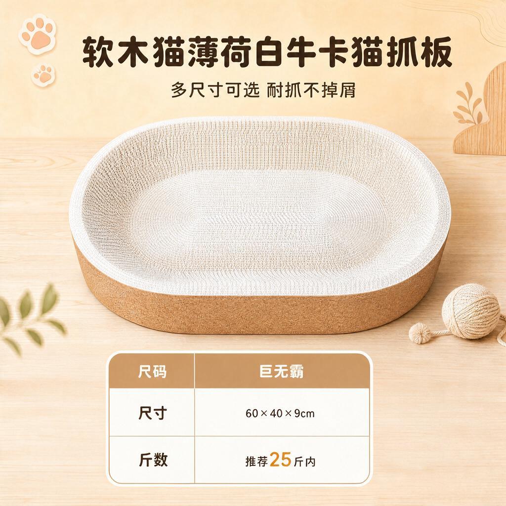 参考图中的软木猫薄荷白牛卡猫抓板产品图，保持产品外观、暖黄色背… - 图片创意预览