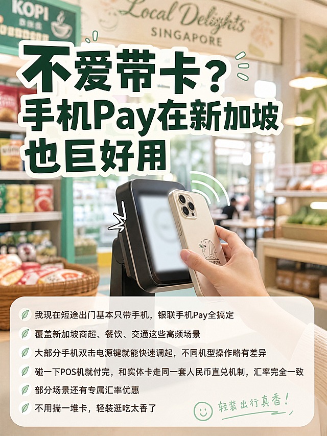 小红书图文内页，配图大字，ins清新南洋旅行风，版式精美，小红书笔记内页质感。主标题逐字锁定：「不爱带卡？手机Pay在新加坡也巨好用」。主标题字号占画面约30%视觉权重，清晰可读。正文文案：「我现在短途出门基本只带手机，银联手机Pay全搞定 / 覆盖新加坡商超、餐饮、交通这些高频场景 / 大部分手机双击电源键就能快速调起，不同机型操作略有差异 / 碰一下POS机就付完，和实体卡走同一套人民币直兑机制，汇率完全一致 / 部分场景还有专属汇率优惠 / 不用揣一堆卡，轻装逛吃太香了」。背景：新加坡便利店食阁的日常场景，画面中心放「手机背面贴近POS机」的侧影特写，POS机屏幕完全虚化不显示任何金额与界面，薄荷绿+米白+暖棕色调。标题排版：扁平粗黑体深墨绿色标题，正文为深棕色常规字体，置于画面底部的半透明白色圆角文本框内。配图：背景全屏铺底便利店食阁场景虚化，中心手机碰POS机侧影特写为视觉次焦点，底部半透文本框承载文字，突出轻装出行松弛感。装饰：手绘手机信号波纹、碰一下动效线装饰。整体氛围清新治愈，生活化口语感。。