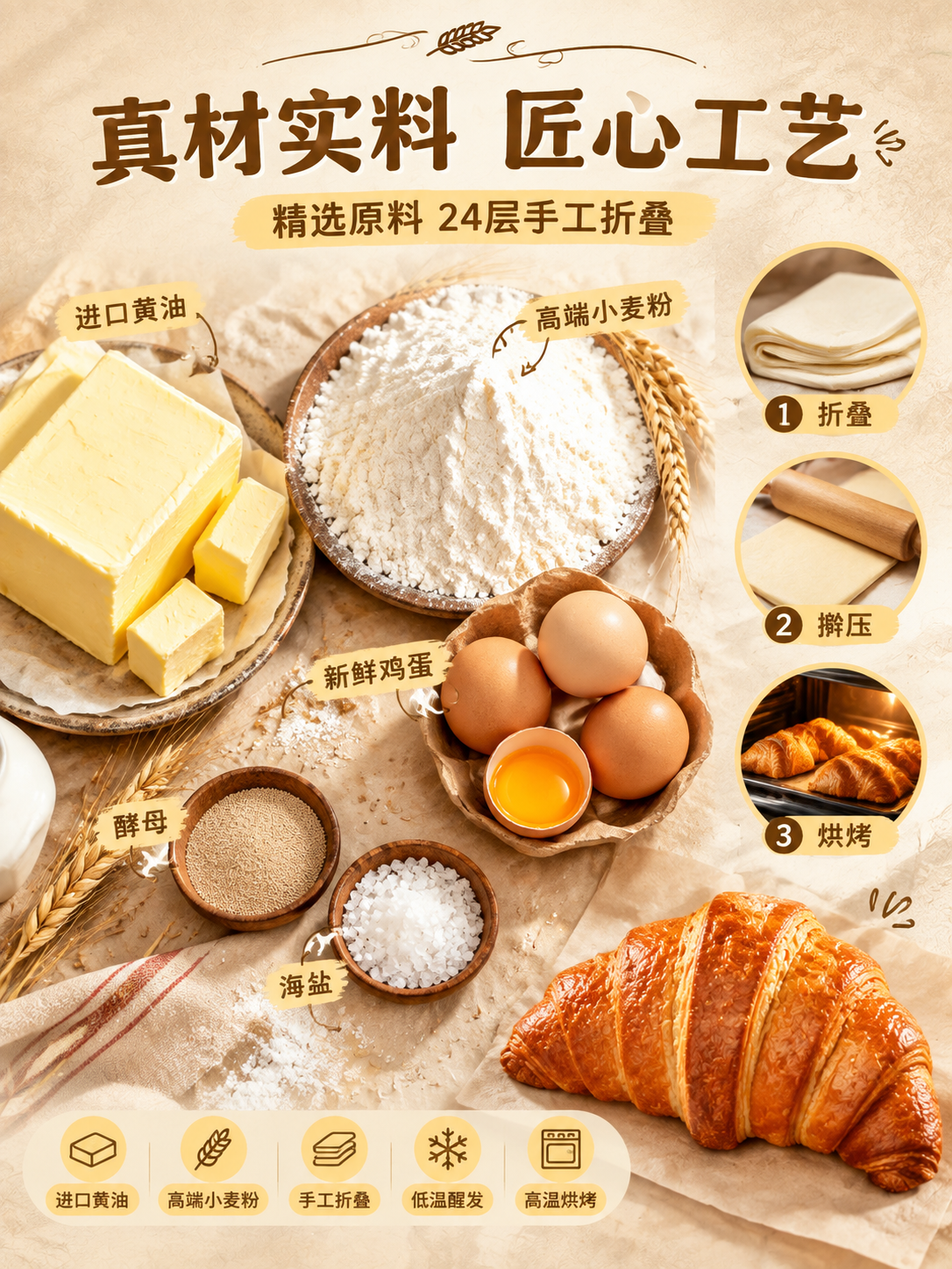 法式牛角包详情页成分工艺展示页。俯拍平铺视角，主画面大面积铺满… - 图片创意预览