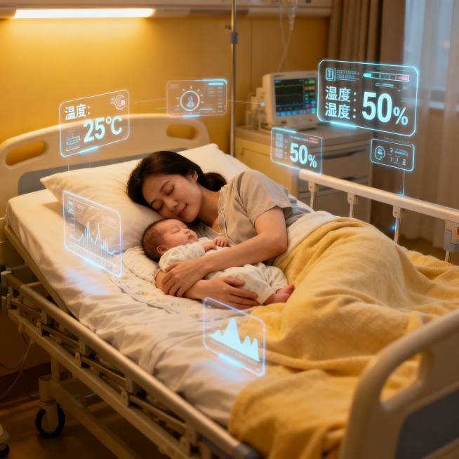 柔和温馨风格的高级病房，病床上女人和刚出生的婴儿相拥熟睡，周围悬浮着显示温度、湿度等环境条件的全息投影，病房布置整洁温暖预览效果