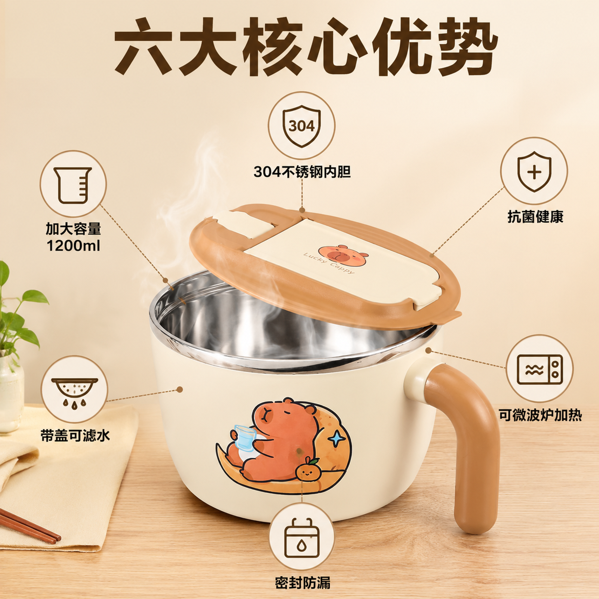 拼多多电商主图第二张，核心卖点展示图。画面主体为卡皮巴拉304… - 图片创意预览