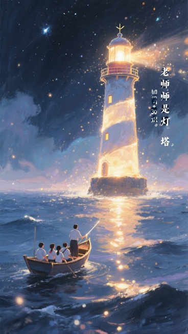 宏大的艺术海报，“老师是灯塔”，在知识的黑暗海洋中，一座巨大的、发出温暖光芒的灯塔照亮了前方的小船，船上坐着求知的学生。史诗感，星夜，丁达尔效应，梦幻。预览效果