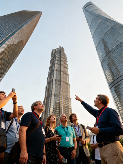 帮我生成导游带外宾游玩上海的图片，7张预览效果