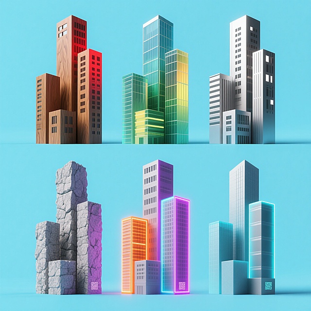 六个完全相同造型的现代城市建筑群剪影（包含不同高度、带有窗户和线条装饰的高楼），分别采用六种截然不同的材质表现——金属质感（银色光泽，坚硬反光表面）、木质纹理（温暖棕色，清晰木纹肌理）、玻璃通透感（透明渐变，折射光影效果）、石材质感（灰色调，粗糙颗粒表面）、霓虹发光材质（彩色霓虹光效，边缘发光）、磨砂塑料质感（哑光表面，柔和色彩过渡），每个建筑群置于纯色背景上（每个可采用不同纯色背景以增强区分度），整体画面色彩进行变换（区别于原图蓝色调，可采用如红色系、绿色系、黄色系、紫色系、橙色系、青色系等不同色系），六个材质各异的建筑群素材以规整的网格排布方式组合成一个系列集合画面，保持简洁现代的设计风格，光影效果统一柔和，无文字、LOGO及二维码元素。