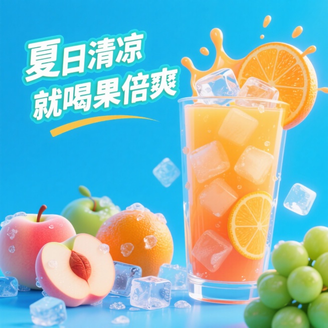 冰冻苹果、桃子、橙子、青葡萄，背景也是清凉带冰块的背景偏蓝色，旁边也有散落的冰块，上面体现3D加描边字体夏日清凉就喝果倍爽，还有一杯加冰块的桃子果汁放在最前面，一杯果汁要放大，体现这一杯果汁，再来一杯预览效果