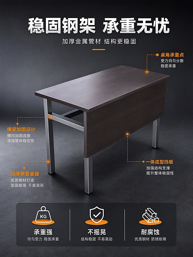 [第4张] 详情页结构展示-办公桌钢架结构稳固性解析。本张使用【图1】作为产品主体，侧重桌腿与横梁结构展示。
[氛围/风格] 工业结构风，专业严谨，金属质感强烈，京东平台技术感调性。
[元素布局] 办公桌置于画面中央，45°斜侧视角，占比约55%；重点突出灰色金属桌腿、横梁连接杆、侧面挡板的结构关系；画面中可用虚线箭头和标注线指示关键结构部位：桌腿管材、横梁加固、桌角承重点；背景为深灰色工业风渐变，简洁有力量感；产品结构、颜色、比例与输入图完全一致。
[光影质感] 侧上方硬光与柔光结合，金属桌腿有明显高光带，突出金属质感；桌面有柔和反光，底部投影厚重有力量，整体稳重大气。
[配色色系] 全局底色#3A3A3A深灰渐变；主色金属灰+深木棕；辅助色橙色标注线、白色文字。
[视角构图] 45°斜侧微仰视视角，突出桌腿结构的稳固感，阅读动线顶部标题→中部产品结构→底部结构说明。
[文字版式] 顶部主标题「稳固钢架 承重无忧」，副标题「加厚金属管材 结构更稳固」；三个结构标注分别指向「加厚钢管桌腿」「横梁加固设计」「一体成型挡板」；底部列出「承重强」「不摇晃」「耐腐蚀」三个结构优势，配图标；文字白色为主，标注线用橙色，清晰醒目。
[比例分辨率] 3:4竖版比例，4K分辨率，文字清晰可辨，高清画质。
[负向提示词] 结构变形，比例失调，颜色偏差，水印，文字错乱，金属质感差。