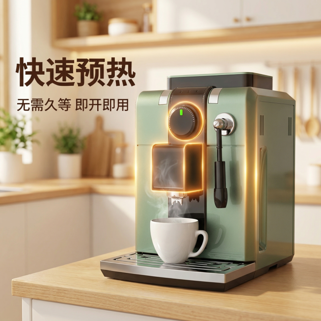 [主图 3] 快速预热核心卖点展示
[氛围风格] 温馨舒适家居治愈风，自然暖光氛围
[画面元素] 商业摄影质感，光线柔和通透，产品清晰真实，画面干净高级。保持原复古绿色咖啡机外观完全一致，整体展示放置预览效果