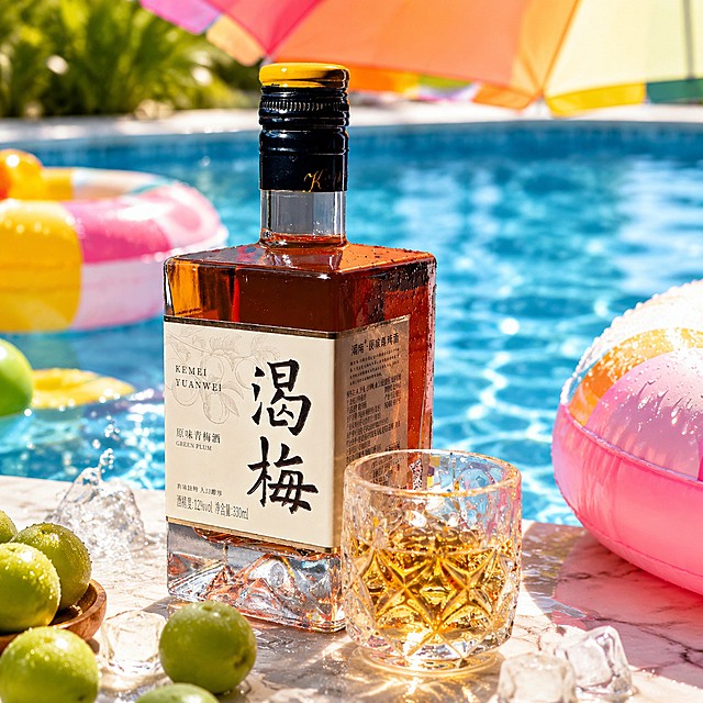 夏日元气多巴胺风格渴梅原味青梅酒主图，瓶身所有文字、产品外观完全保持原图不变，不做任何修改。这张为泳池派对场景，产品放置在泳池边大理石台面，周围有彩色游泳圈碎片和新鲜青梅，背景是蓝色泳池水和多巴胺彩色遮阳伞，阳光透过水面对焦产品，整体充满夏日活力，瓶身文字完整不遮挡，光影明亮通透，水汽氛围感强，1:1比例，2k分辨率。负向提示词：修改瓶身文字，改变产品外观，变形，水印，文字错乱，遮挡瓶身。