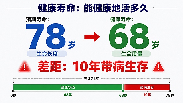 PPT数据对比页设计，16:9横版比例。页面顶部居中是大标题"健康寿命：能健康地活多久"，字体醒目，深蓝色。画面主体是两个超大号数字并排对比：左侧"预期寿命：78岁"，用蓝色或灰色大号字体显示，下方小字标注"生命长度"；右侧"健康寿命：68岁"，用绿色大号字体显示，下方小字标注"生命质量"。两个数字中间有一个红色的箭头或等号，下方用醒目的红色加粗大字突出显示"差距：10年带病生存"，这行字是视觉重点，带有警示意味。可以在数字下方用一条时间轴可视化展示78岁总长度中前68年健康、后10年带病的对比。整体风格简洁有冲击力，数据可视化清晰，白色或浅灰背景，排版大气有力量感。