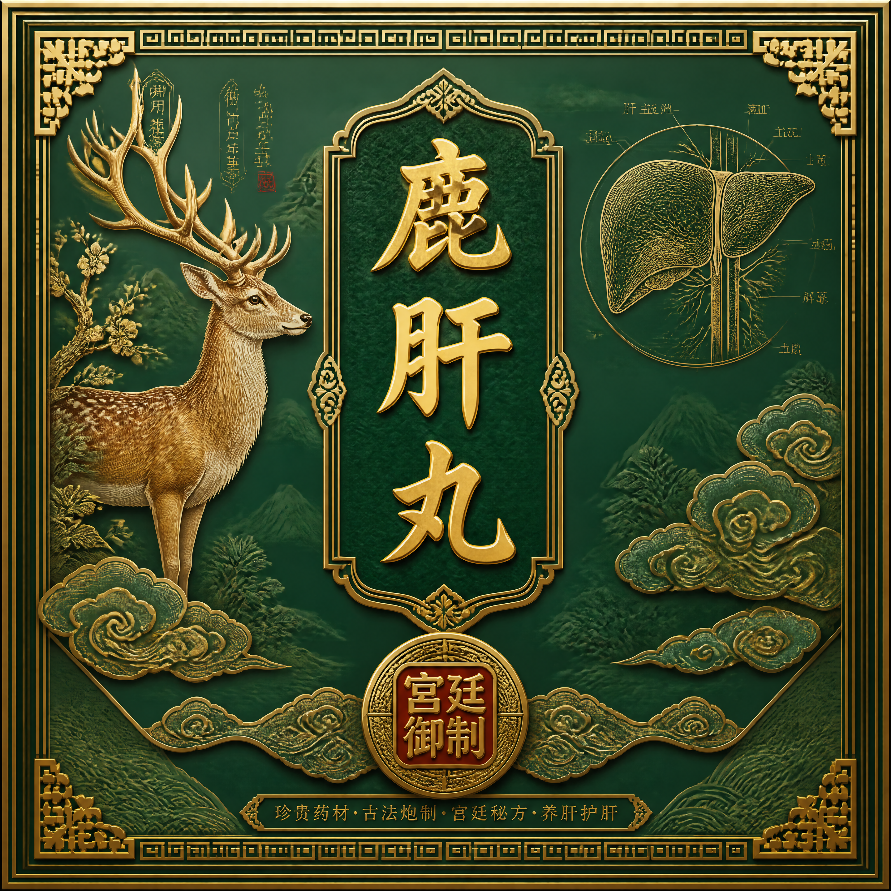清朝宫廷风格中药包装设计，方形礼盒正面主视觉，绿色系为主色调。… - 图片创意预览
