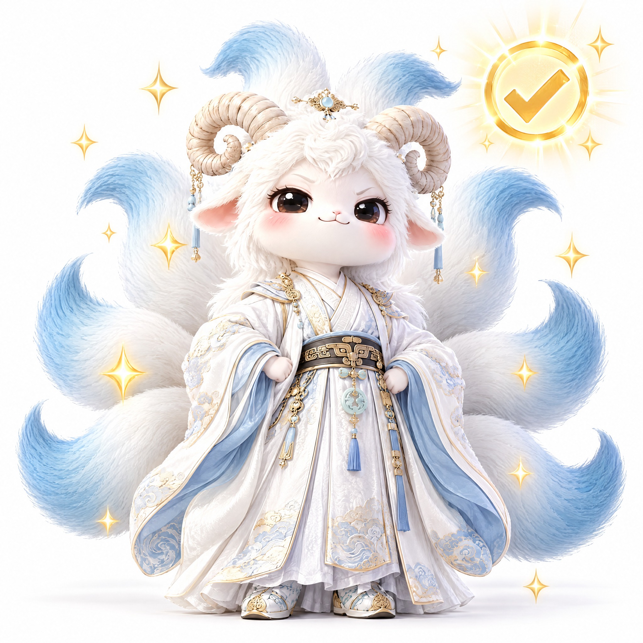 参考图中的白色九尾羊小神兽（羊角、九条蓝白渐变尾巴、白色毛绒质… - 图片创意预览