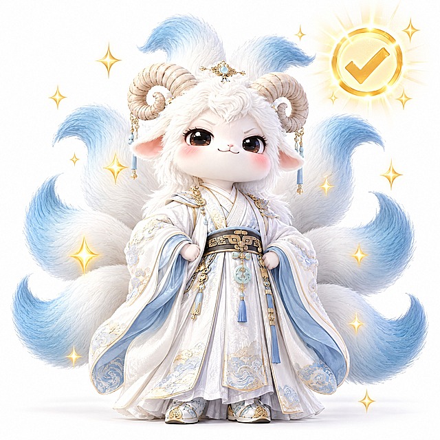 参考图中的白色九尾羊小神兽（羊角、九条蓝白渐变尾巴、白色毛绒质感、古风服饰），保持角色外观特征完全一致，做出傲娇骄傲特别牛的姿势，双手叉腰，下巴微微抬起，一脸得意洋洋的表情，自信满满的神态，周围有金色星星闪光特效和金色对勾徽章，Q版可爱国潮风格，3D渲染，毛绒质感，纯白背景
