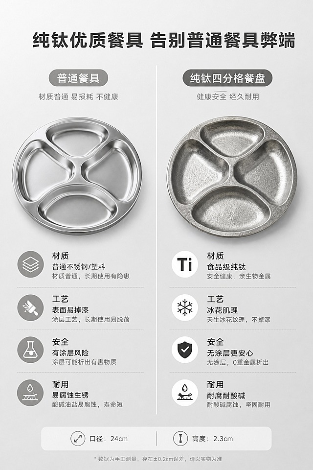 [商品] 使用【图2】纯钛四分格餐盘正面视角（右侧对比项）；保留圆形轮廓、四格分区结构、冰花肌理、哑光金属银灰色质感；1:1标准比例，精准还原口径24cm、高度2.3cm，完整还原冰花工艺、无涂层、哑光质感等核心细节，无杂物干扰。左侧为普通餐具（普通不锈钢/塑料分格盘）作为对比参照。
[画面] 优势对比差异化卖点页，左右分栏对称排版；左侧普通餐具区约占45%，右侧纯钛餐盘区约占45%，中间用极简竖线分割；顶部居中主标题，下方左右分栏文字对比；背景极简浅灰渐变，画面干净高级、对比清晰直观，层级分明。
[视觉] 套系策略：风格=简约轻奢哑光质感风，左右分栏对称对比视觉；标题字=无衬线极简加粗高级字体；正文字=无衬线极简细体；主色=金属银灰色(#B8B8B6)、哑光浅灰(#9C9A97)；背景延展=极简浅灰渐变背景，左右栏用深浅细微差异区分；强调色=白色(#FFFFFF)，用于分割线与右侧优势项高亮；标题色=哑光深灰；正文色=中灰（左侧）/深灰（右侧）；组件=极简竖分割线、对比项目符号；光影=均匀柔和顶光，产品清晰无干扰阴影。
[文字] 顶部居中加粗主标题："纯钛优质餐具 告别普通餐具弊端"；下方左右分栏极简文字对比，左栏为普通餐具痛点、右栏为纯钛餐盘优势，对比维度：材质（普通材质 vs 食品级纯钛）、工艺（易掉漆 vs 冰花肌理）、安全（有涂层风险 vs 无涂层更安心）、耐用（易腐蚀生锈 vs 耐腐耐酸碱）；文字左对齐规整排版，层级清晰。
[规格] 图片比例2:3竖版，2K分辨率，medium质量；避免2:3比例错误、对比排版混乱不对称、产品变形尺寸不符、质感对比模糊、色彩杂乱、文字错乱缺失、字体劣质、画面花哨装饰、光影失衡、瑕疵污渍、低清模糊、风格割裂不统一。