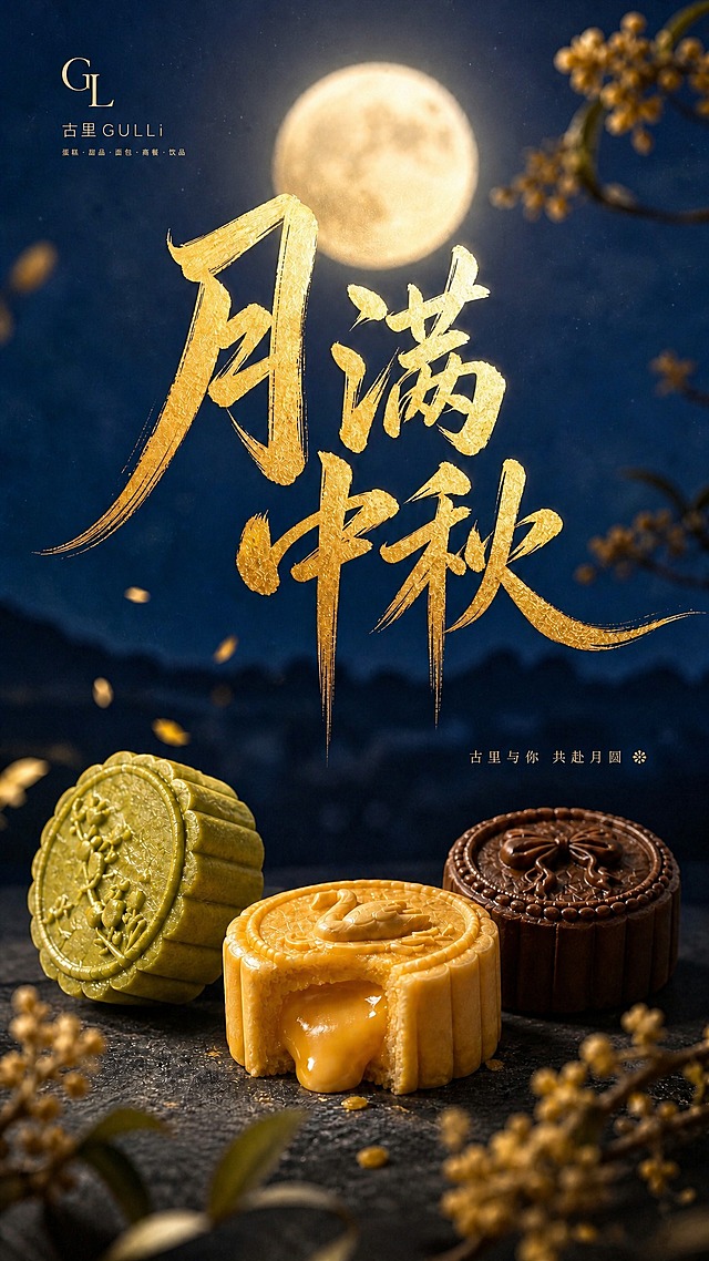 保持画面所有元素、构图、文字、金色书法字体完全不变，整体提亮画面亮度，提升暗部细节，让深蓝色背景更通透有层次，月亮更明亮柔和，月饼主体更清晰有质感，流心部分更有光泽感，同时保留高级暗调氛围和精致质感，避免过曝，整体光影更通透高级。