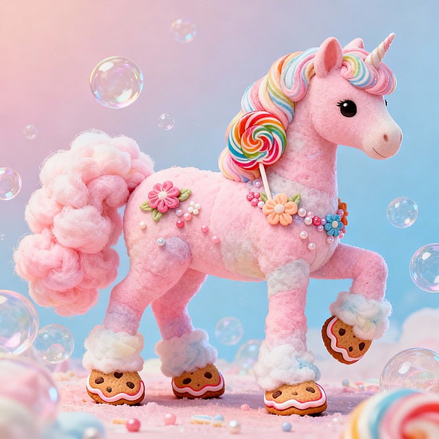梦幻软3D风小马，毛发生长质感，彩虹鬃毛配棒棒糖，饼干蹄与棉花尾，糖果装饰点缀，泡泡环绕，童趣十足。