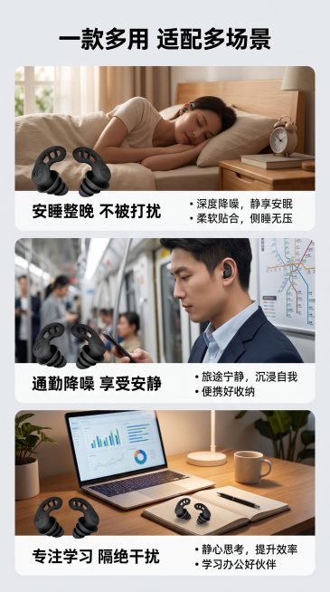 [第5屏] 场景展示屏-鲨鱼鳍硅胶耳塞多场景使用展示，本屏使用【图1】作为产品展示。
[氛围/风格] 沉浸式生活场景拼贴，真实自然，增强代入感。
[元素布局] 画面顶部标题，下方分三个场景小格，每个场预览效果