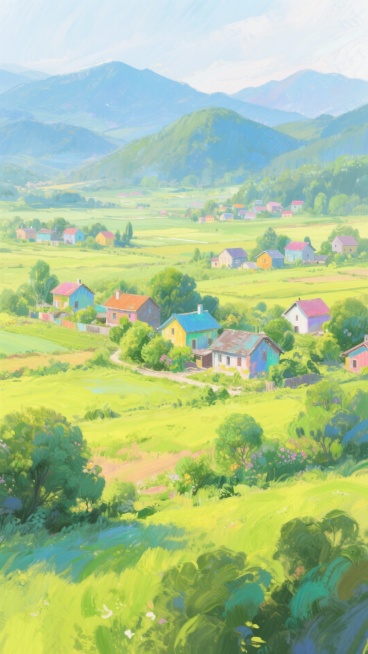 乡村景色，零散的乡村建筑群，远景，有许多绿植，有远山，整体色彩鲜艳明亮预览效果
