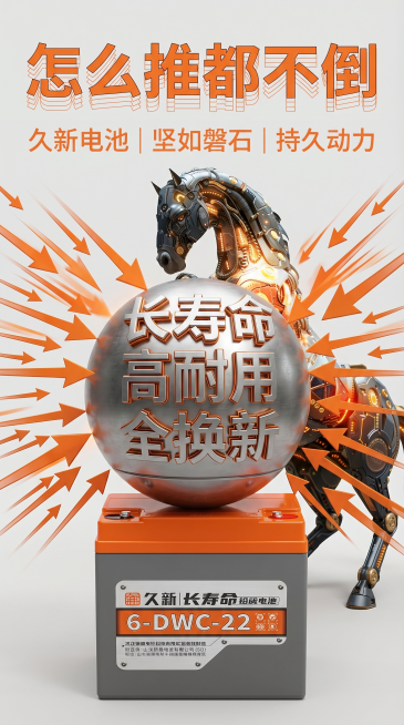 主体是金属不倒翁放在参考图的久新电池上，不倒翁身体有醒目的金属凸印字："长寿命"、"高耐用"、"全换新"，所有字体边缘带有微弱的橙色内发光。在不倒翁和电池背后，静立着参考图中的铅锂机械马呈护卫姿态。添预览效果