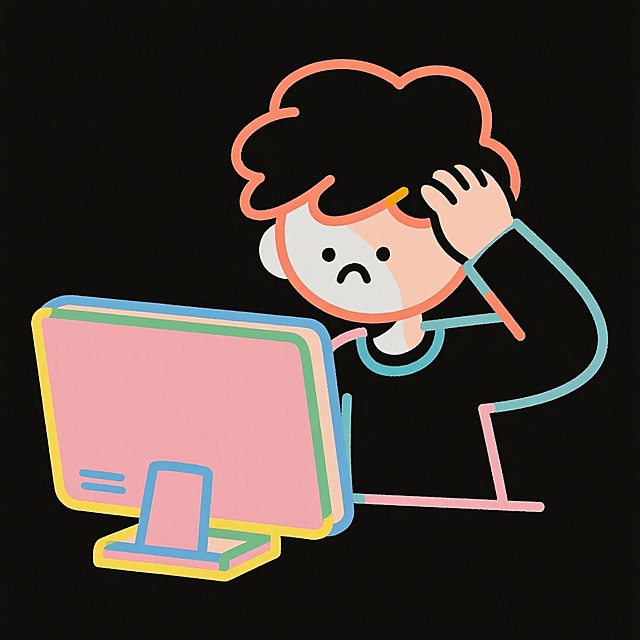 简笔画图标：一个人抓头发看电脑 用于PPT素材