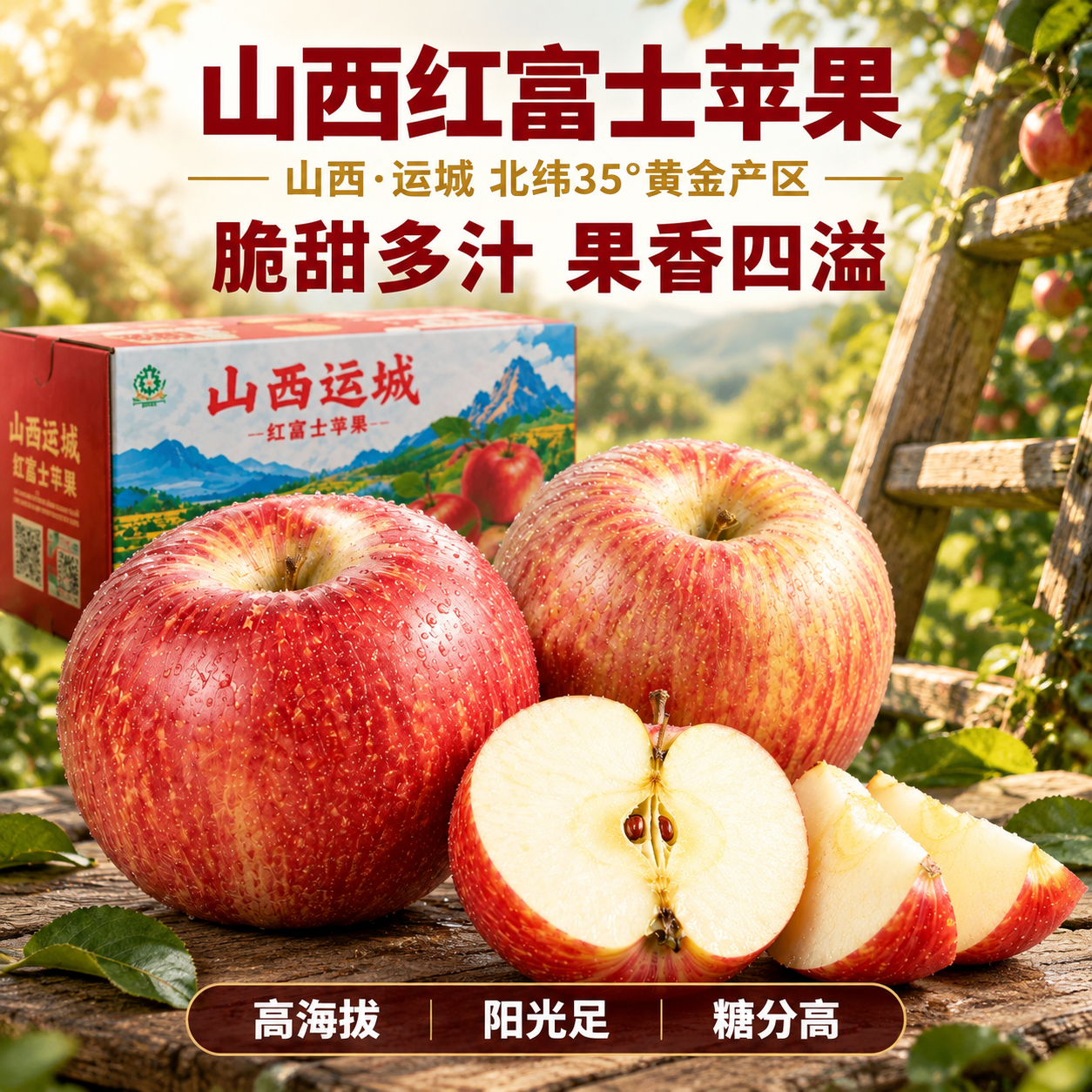 [主图-1] 果园木梯场景，展示山西运城红富士苹果的自然产地氛… - 图片创意预览